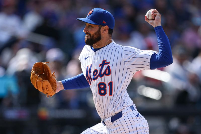 Apr 20, 2025; New York City, New York, USA; New York Mets relief pitcher Danny Young (81) delivers a pitch during the seventh inning against the St. Louis Cardinals at Citi Field. Mandatory Credit: Vincent Carchietta-Imagn Images