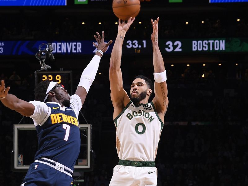 BOSTON, MA - JANUARY 19: Jayson Tatum #0 of the Boston Celtics shoots the ball during the game against the Denver Nuggets  on January 19, 2024 at the TD Garden in Boston, Massachusetts. NOTE TO USER: User expressly acknowledges and agrees that, by downloading and or using this photograph, User is consenting to the terms and conditions of the Getty Images License Agreement. Mandatory Copyright Notice: Copyright 2024 NBAE  (Photo by Brian Babineau/NBAE via Getty Images)