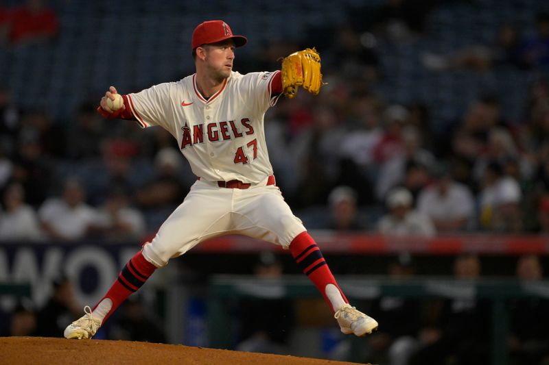 Sep 17, 2024; Anaheim, California, USA;  Los Angeles Angels starting pitcher Griffin Canning (47) delivers to the plate in the second inning against the Chicago White Sox at Angel Stadium. Mandatory Credit: Jayne Kamin-Oncea-Imagn Images