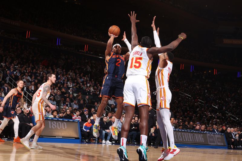 NEW YORK, NY - MARCH 5: Miles McBride #2 of the New York Knicks shoots the ball during the game against the Atlanta Hawks on March 5, 2024 at Madison Square Garden in New York City, New York.  NOTE TO USER: User expressly acknowledges and agrees that, by downloading and or using this photograph, User is consenting to the terms and conditions of the Getty Images License Agreement. Mandatory Copyright Notice: Copyright 2024 NBAE  (Photo by Nathaniel S. Butler/NBAE via Getty Images)