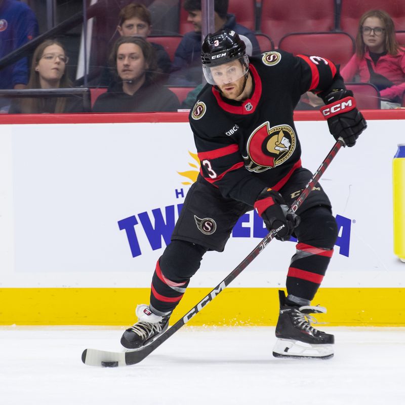 Dec 8, 2024; Ottawa, Ontario, CAN; Ottawa Senators defenseman Nick Jensen (3) shoots the puck in the first period against the New York Islanders at the Canadian Tire Centre. Mandatory Credit: Marc DesRosiers-Imagn Images