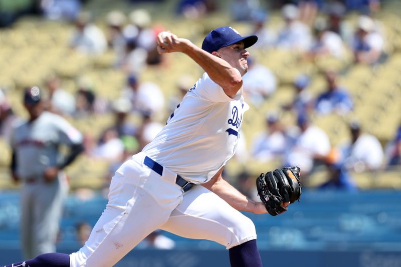 Sep 8, 2024; Los Angeles, California, USA;  Los Angeles Dodgers starting pitcher Jack Flaherty (0) pitches during the second inning against the Cleveland Guardians at Dodger Stadium. Mandatory Credit: Kiyoshi Mio-Imagn Images