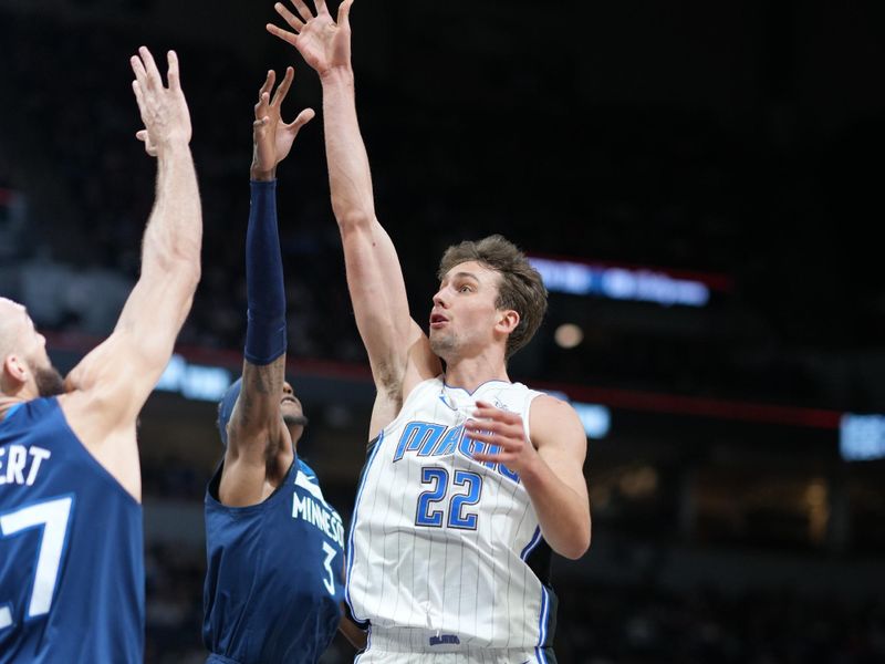 MINNEAPOLIS, MN -  FEBRUARY 2:  Franz Wagner #22 of the Orlando Magic shoots the ball during the game against the Minnesota Timberwolves on February 2, 2024 at Target Center in Minneapolis, Minnesota. NOTE TO USER: User expressly acknowledges and agrees that, by downloading and or using this Photograph, user is consenting to the terms and conditions of the Getty Images License Agreement. Mandatory Copyright Notice: Copyright 2024 NBAE (Photo by Jordan Johnson/NBAE via Getty Images)