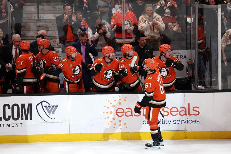 Feb 25, 2026; Anaheim, California, USA;  Anaheim Ducks left wing Cutter Gauthier (61) celebrates with his teammates after scoring a goal during the third period against the Edmonton Oilers at Honda Center. Mandatory Credit: Kiyoshi Mio-Imagn Images