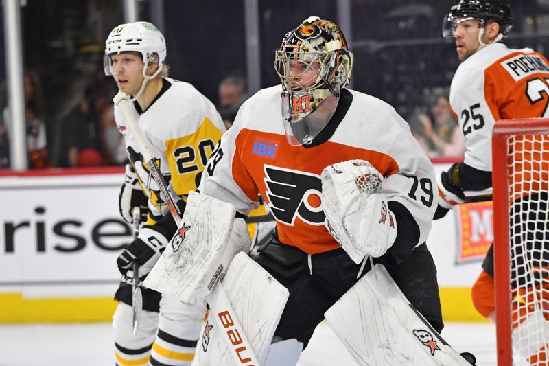 Jan 8, 2024; Philadelphia, Pennsylvania, USA; Philadelphia Flyers goaltender Carter Hart (79) against the Pittsburgh Penguins during the second period at Wells Fargo Center. Mandatory Credit: Eric Hartline-USA TODAY Sports