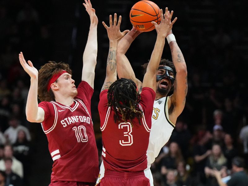 Mar 3, 2024; Boulder, Colorado, USA; Stanford Cardinal forward Max Murrell (10) and Stanford Cardinal guard Kanaan Carlyle (3) defend on Colorado Buffaloes guard J'Vonne Hadley (1) in the second half at the CU Events Center. Mandatory Credit: Ron Chenoy-USA TODAY Sports