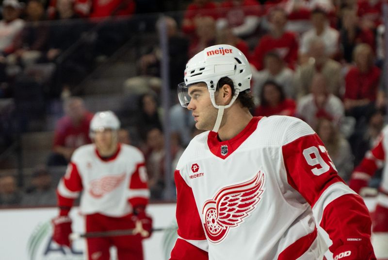 Mar 8, 2024; Tempe, Arizona, USA; Detroit Red Wings forward Alex DeBrincat (93) skates around between plays in the first period during a game against the Arizona Coyotes at Mullett Arena. Mandatory Credit: Allan Henry-USA TODAY Sports