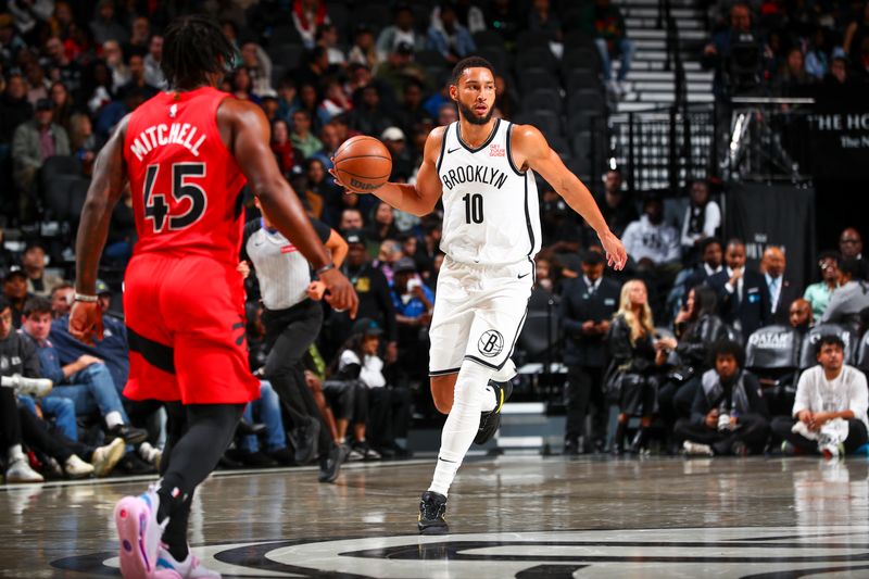 BROOKLYN, NY - OCTOBER 18: Ben Simmons #10 of the Brooklyn Nets dribbles the ball during the game on October 18, 2024 at Barclays Center in Brooklyn, New York. NOTE TO USER: User expressly acknowledges and agrees that, by downloading and or using this Photograph, user is consenting to the terms and conditions of the Getty Images License Agreement. Mandatory Copyright Notice: Copyright 2024 NBAE (Photo by David L. Nemec/NBAE via Getty Images)