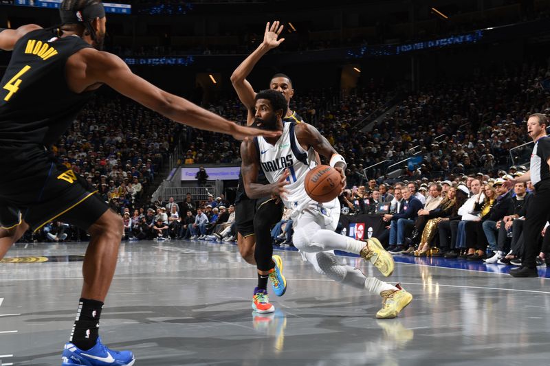 SAN FRANCISCO, CA - NOVEMBER 12: Kyrie Irving #11 of the Dallas Mavericks drives to the basket during the game against the Golden State Warriors during the Emirates NBA Cup game on November 12, 2024 at Chase Center in San Francisco, California. NOTE TO USER: User expressly acknowledges and agrees that, by downloading and or using this photograph, user is consenting to the terms and conditions of Getty Images License Agreement. Mandatory Copyright Notice: Copyright 2024 NBAE (Photo by Noah Graham/NBAE via Getty Images)