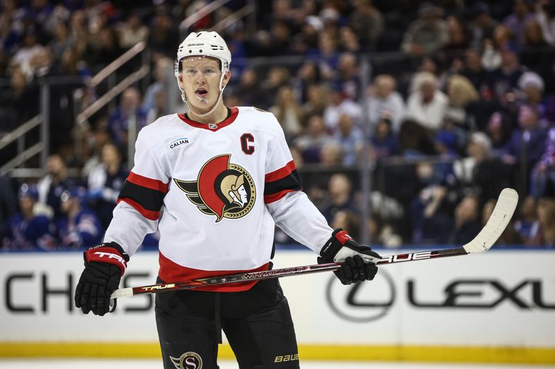 Nov 1, 2024; New York, New York, USA;  Ottawa Senators left wing Brady Tkachuk (7) prepares for a faceoff in the third period against the New York Rangers at Madison Square Garden. Mandatory Credit: Wendell Cruz-Imagn Images