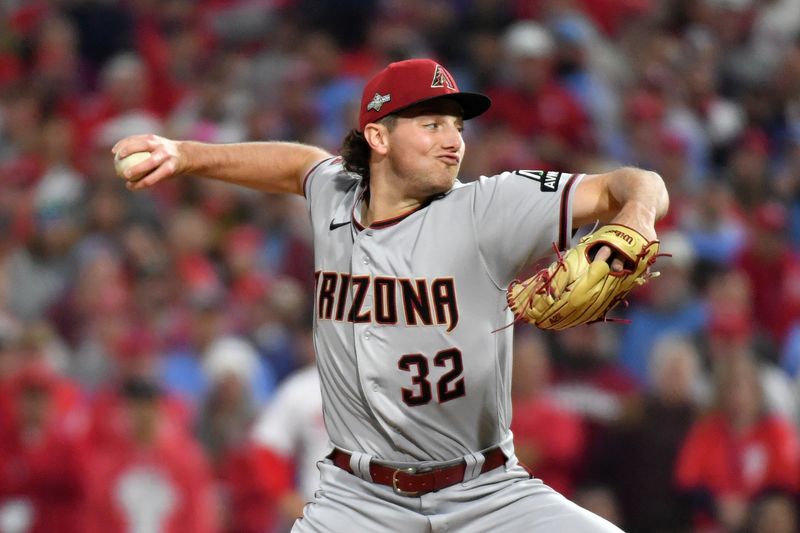 Oct 24, 2023; Philadelphia, Pennsylvania, USA; Arizona Diamondbacks starting pitcher Brandon Pfaadt (32) throws a pitch against the Philadelphia Phillies in the first inning during game seven of the NLCS for the 2023 MLB playoffs at Citizens Bank Park. Mandatory Credit: Eric Hartline-USA TODAY Sports