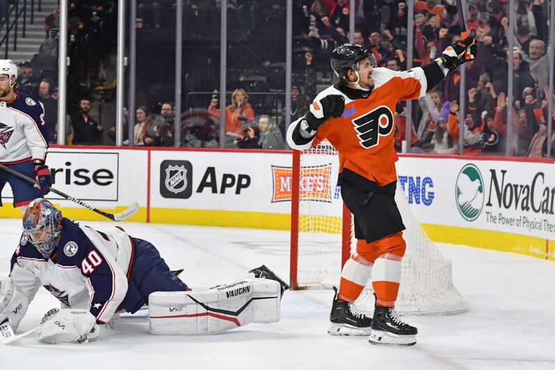 Jan 4, 2024; Philadelphia, Pennsylvania, USA;  Philadelphia Flyers right wing Travis Konecny (11) celebrates his goal against Columbus Blue Jackets goaltender Daniil Tarasov (40) during the first period at Wells Fargo Center. Mandatory Credit: Eric Hartline-USA TODAY Sports