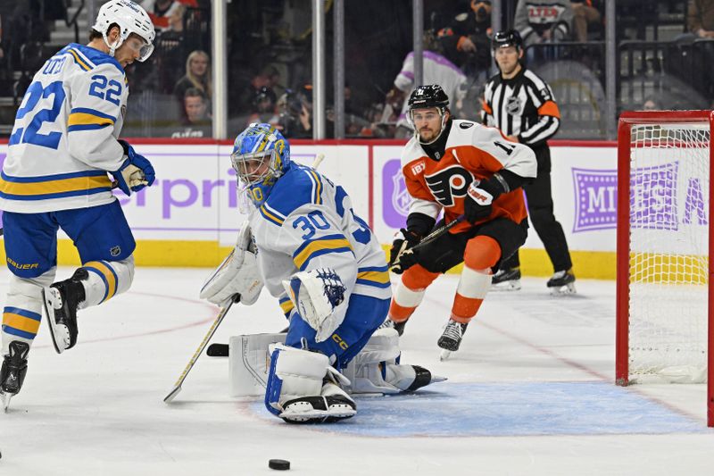 Nov 20, 2025; Philadelphia, Pennsylvania, USA; St. Louis Blues goaltender Joel Hofer (30) makes a save against the Philadelphia Flyers during the first period at Xfinity Mobile Arena. Mandatory Credit: Eric Hartline-Imagn Images