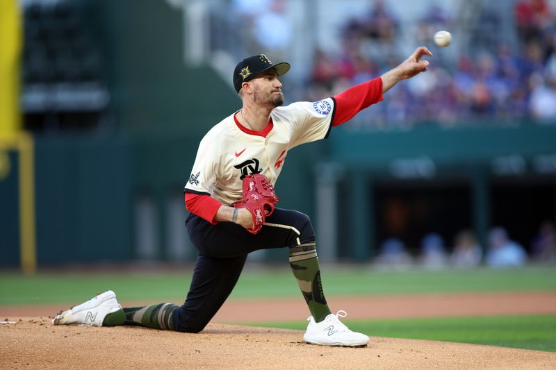 May 17, 2024; Arlington, Texas, USA;  Texas Rangers pitcher Andrew Heaney (44) throws a pitch in the first inning against the Los Angeles Angels at Globe Life Field. Mandatory Credit: Tim Heitman-USA TODAY Sports