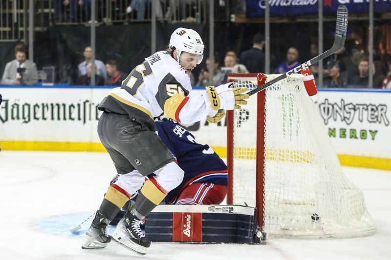 Jan 26, 2024; New York, New York, USA; Vegas Golden Knights right wing Sheldon Rempal (56) scores a goal in the first period against the New York Rangers at Madison Square Garden. Mandatory Credit: Wendell Cruz-USA TODAY Sports