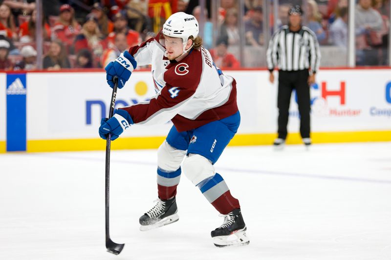 Feb 11, 2023; Sunrise, Florida, USA; Colorado Avalanche defenseman Bowen Byram (4) shoots the puck during the first period against the Florida Panthers at FLA Live Arena. Mandatory Credit: Sam Navarro-USA TODAY Sports