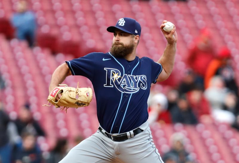 Apr 17, 2023; Cincinnati, Ohio, USA; Tampa Bay Rays starting pitcher Jalen Beeks (68) throws against the Cincinnati Reds during the first inning at Great American Ball Park. Mandatory Credit: David Kohl-USA TODAY Sports