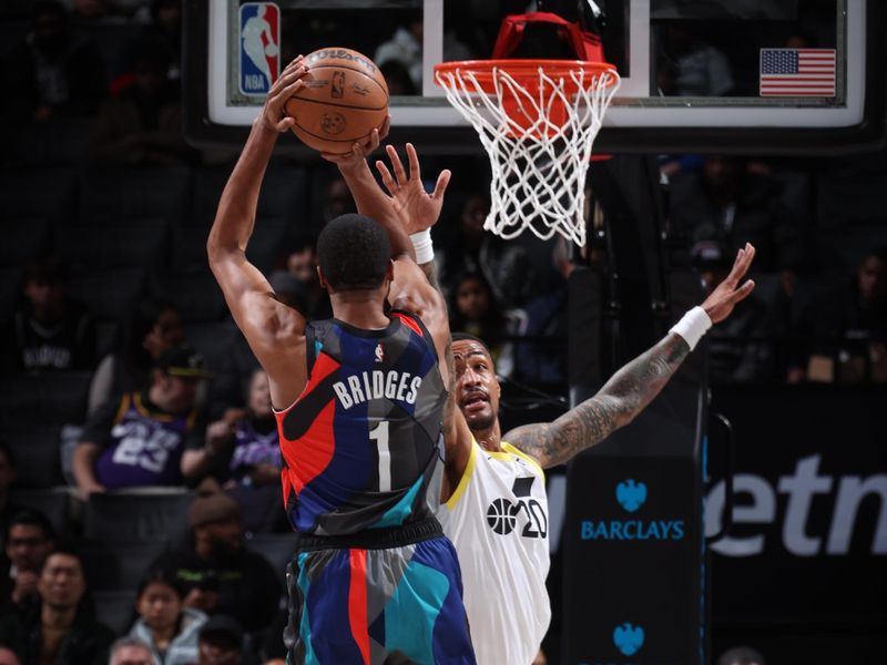 BROOKLYN, NY - JANUARY 29: Mikal Bridges #1 of the Brooklyn Nets shoots the ball during the game against the Utah Jazz on January 29, 2024 at Barclays Center in Brooklyn, New York. NOTE TO USER: User expressly acknowledges and agrees that, by downloading and or using this Photograph, user is consenting to the terms and conditions of the Getty Images License Agreement. Mandatory Copyright Notice: Copyright 2024 NBAE (Photo by Nathaniel S. Butler/NBAE via Getty Images)