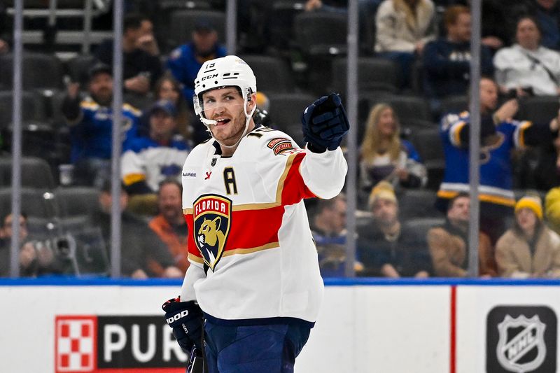 Jan 9, 2024; St. Louis, Missouri, USA;  Florida Panthers left wing Matthew Tkachuk (19) reacts after scoring a hat trick against the St. Louis Blues during the third period at Enterprise Center. Mandatory Credit: Jeff Curry-USA TODAY Sports