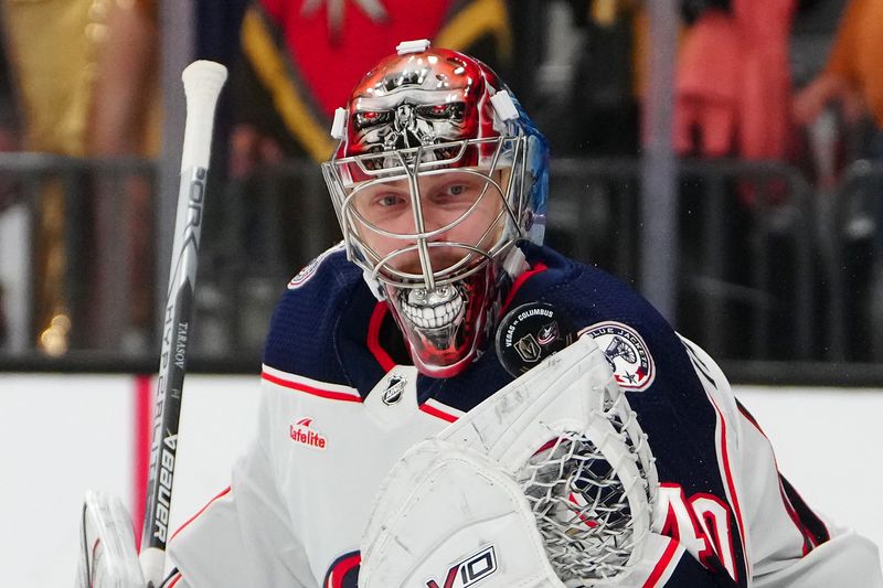 Mar 23, 2024; Las Vegas, Nevada, USA; Columbus Blue Jackets goaltender Daniil Tarasov (40) warms up before a game against the Vegas Golden Knights at T-Mobile Arena. Mandatory Credit: Stephen R. Sylvanie-USA TODAY Sports