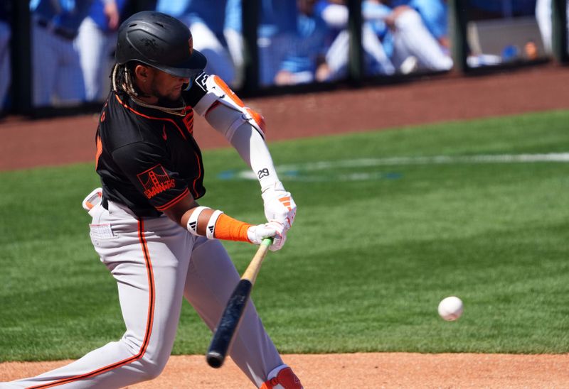 Mar 11, 2024; Surprise, Arizona, USA; San Francisco Giants right fielder Luis Matos (29) bats against the Kansas City Royals during the second inning at Surprise Stadium. Mandatory Credit: Joe Camporeale-USA TODAY Sports