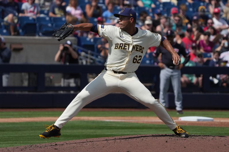 Mar 16, 2025; Phoenix, Arizona, USA; Milwaukee Brewers pitcher Jose Quintana (62) throws against the Cleveland Guardians in the second inning at American Family Fields of Phoenix. Mandatory Credit: Rick Scuteri-Imagn Images
