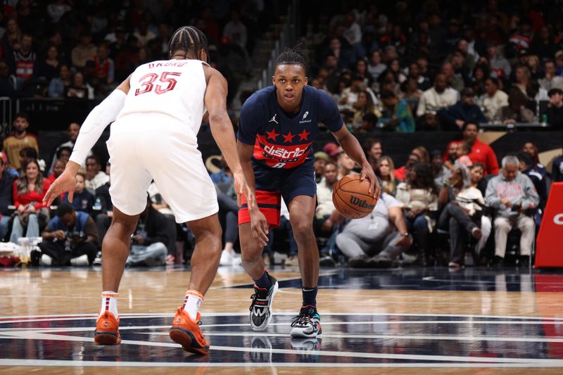 WASHINGTON, DC -? OCTOBER 26: Bub Carrington #8 of the Washington Wizards dribbles the ball during the game against the Cleveland Cavaliers on October 26, 2024 at Capital One Arena in Washington, DC. NOTE TO USER: User expressly acknowledges and agrees that, by downloading and or using this Photograph, user is consenting to the terms and conditions of the Getty Images License Agreement. Mandatory Copyright Notice: Copyright 2024 NBAE (Photo by Stephen Gosling/NBAE via Getty Images)