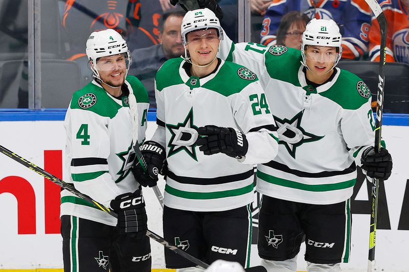 Nov 2, 2023; Edmonton, Alberta, CAN; The Dallas Stars celebrate a goal by forward Roope Hintz (24) during the second period against the Edmonton Oilers at Rogers Place. Mandatory Credit: Perry Nelson-USA TODAY Sports