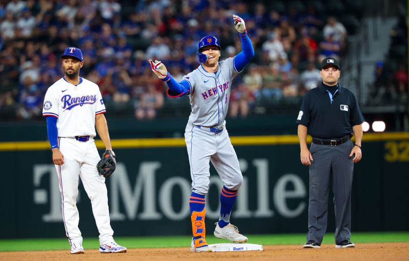 Jun 19, 2024; Arlington, Texas, USA; New York Mets left fielder Brandon Nimmo (9) reacts after hitting a double during the fourth inning against the Texas Rangers at Globe Life Field. Mandatory Credit: Kevin Jairaj-USA TODAY Sports