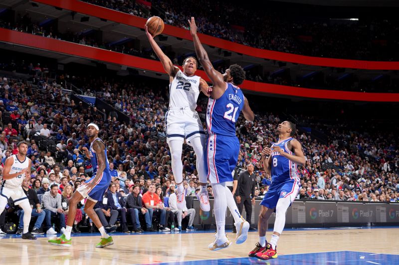 PHILADELPHIA, PA - FEBRUARY 23: Desmond Bane #22 of the Memphis Grizzlies shoots the ball during the game against the Philadelphia 76ers on February 23, 2023 at the Wells Fargo Center in Philadelphia, Pennsylvania NOTE TO USER: User expressly acknowledges and agrees that, by downloading and/or using this Photograph, user is consenting to the terms and conditions of the Getty Images License Agreement. Mandatory Copyright Notice: Copyright 2023 NBAE (Photo by Jesse D. Garrabrant/NBAE via Getty Images)