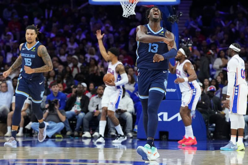 PHILADELPHIA, PENNSYLVANIA - NOVEMBER 2: Jaren Jackson Jr. #13 of the Memphis Grizzlies reacts against the Philadelphia 76ers in the second half at the Wells Fargo Center on November 2, 2024 in Philadelphia, Pennsylvania. The Grizzlies defeated the 76ers 124-107. NOTE TO USER: User expressly acknowledges and agrees that, by downloading and/or using this photograph, user is consenting to the terms and conditions of the Getty Images License Agreement. (Photo by Mitchell Leff/Getty Images)