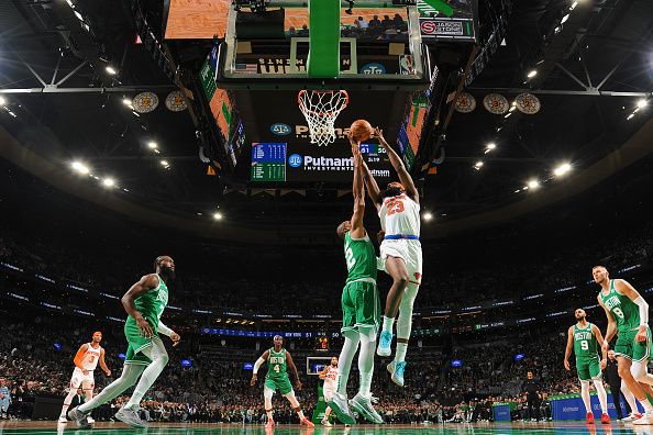 BOSTON, MA - DECEMBER 8: Mitchell Robinson #23 of the New York Knicks goes to the basket during the game on December 8, 2023 at the TD Garden in Boston, Massachusetts. NOTE TO USER: User expressly acknowledges and agrees that, by downloading and or using this photograph, User is consenting to the terms and conditions of the Getty Images License Agreement. Mandatory Copyright Notice: Copyright 2023 NBAE  (Photo by Brian Babineau/NBAE via Getty Images)