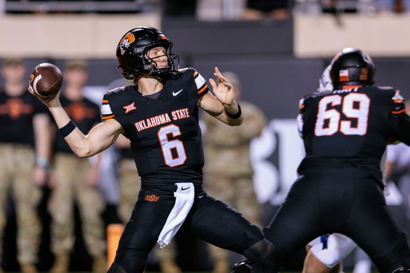 Sep 19, 2025; Stillwater, Oklahoma, USA; Oklahoma State Cowboys quarterback Zane Flores (6) looks to pass during the second half against the Tulsa Golden Hurricane at Boone Pickens Stadium. Mandatory Credit: William Purnell-Imagn Images