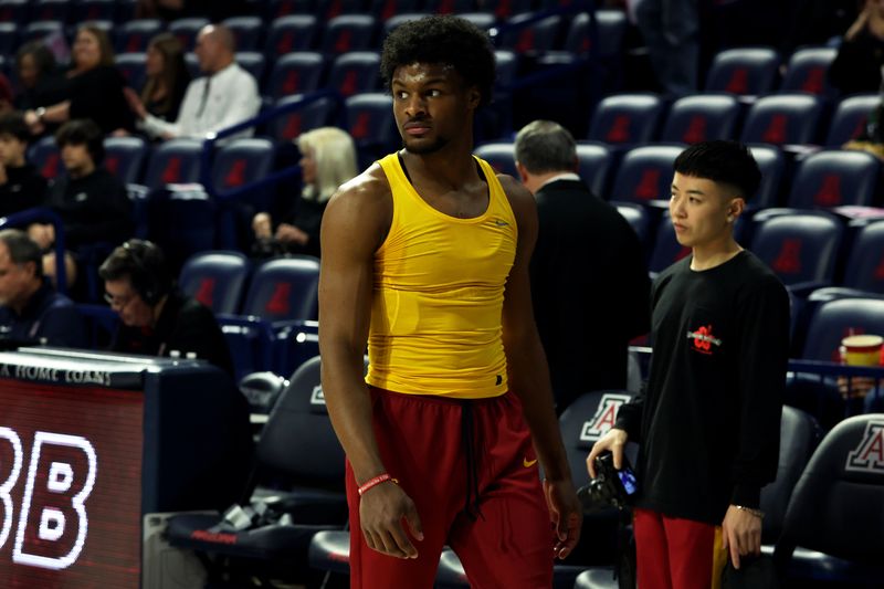 Jan 17, 2024; Tucson, Arizona, USA; USC Trojans guard Bronny James (center) warms up before a game against the Arizona Wildcats at McKale Center. Mandatory Credit: Zachary BonDurant-USA TODAY Sports