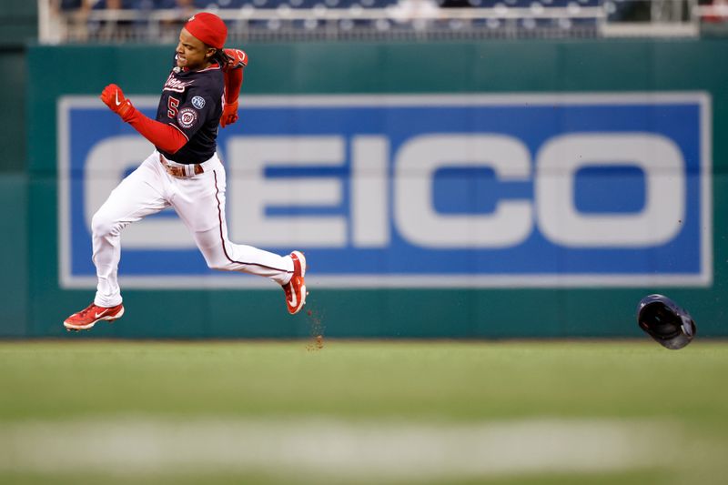 Sep 19, 2023; Washington, District of Columbia, USA; Washington Nationals shortstop CJ Abrams (5) rounds the bases en route to a triple against the Chicago White Sox during the first inning at Nationals Park. Mandatory Credit: Geoff Burke-USA TODAY Sports