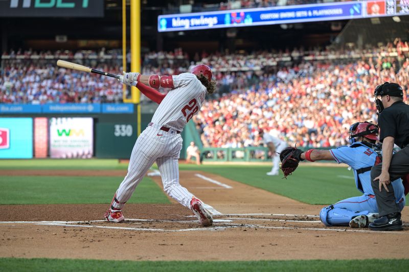 Jun 1, 2024; Philadelphia, Pennsylvania, USA;  Philadelphia Phillies third base Alec Bohm (28) hits a two-run double in the first inning against the St. Louis Cardinals at Citizens Bank Park. Mandatory Credit: John Geliebter-USA TODAY Sports