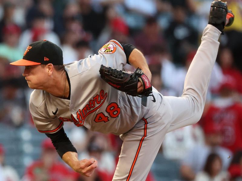 Sep 6, 2023; Anaheim, California, USA; Baltimore Orioles starting pitcher Kyle Gibson (48) pitches during the first inning against the Los Angeles Angels at Angel Stadium. Mandatory Credit: Kiyoshi Mio-USA TODAY Sports