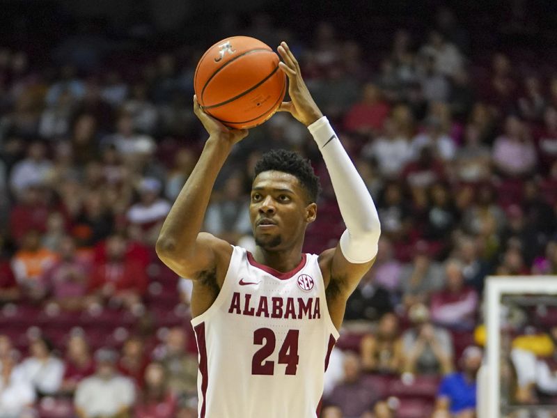 Feb 8, 2023; Tuscaloosa, Alabama, USA; Alabama Crimson Tide forward Brandon Miller (24) shoots against the Florida Gators during the second half at Coleman Coliseum. Mandatory Credit: Marvin Gentry-USA TODAY Sports