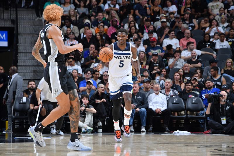 SAN ANTONIO, TX - NOVEMBER 2: Anthony Edwards #5 of the Minnesota Timberwolves dribbles the ball during the game against the San Antonio Spurs on November 2, 2024 at the Frost Bank Center in San Antonio, Texas. NOTE TO USER: User expressly acknowledges and agrees that, by downloading and or using this photograph, user is consenting to the terms and conditions of the Getty Images License Agreement. Mandatory Copyright Notice: Copyright 2024 NBAE (Photos by Michael Gonzales/NBAE via Getty Images)