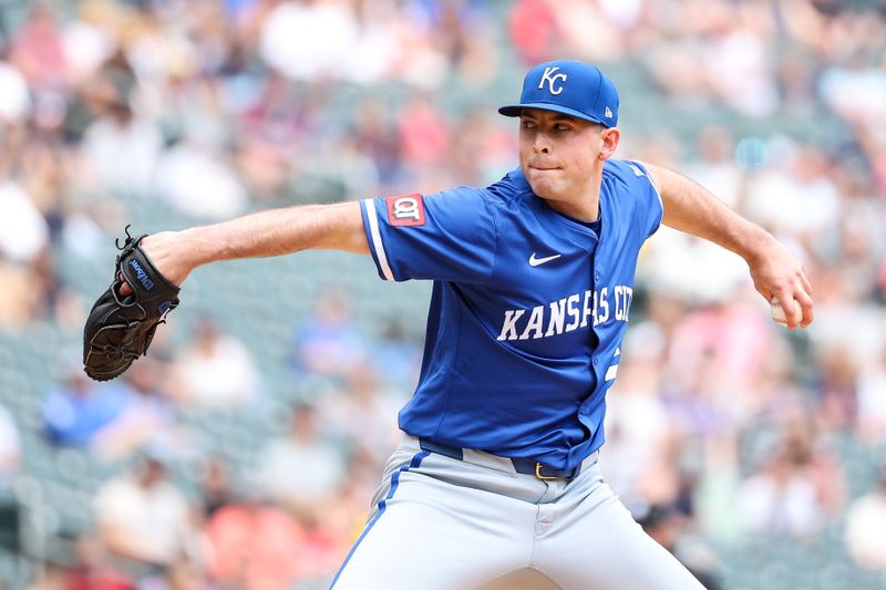 May 25, 2025; Minneapolis, Minnesota, USA; Kansas City Royals starting pitcher Kris Bubic (50) delivers a pitch against the Minnesota Twins during the first inning at Target Field. Mandatory Credit: Matt Krohn-Imagn Images