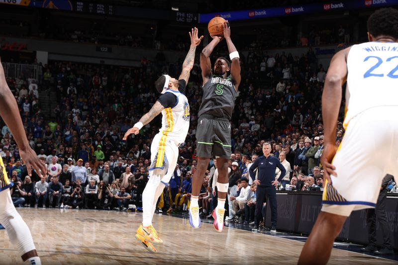 MINNEAPOLIS, MN -  MARCH 24: Anthony Edwards #5 of the Minnesota Timberwolves shoots the ball during the game against the Golden State Warriors on March 24, 2024 at Target Center in Minneapolis, Minnesota. NOTE TO USER: User expressly acknowledges and agrees that, by downloading and or using this Photograph, user is consenting to the terms and conditions of the Getty Images License Agreement. Mandatory Copyright Notice: Copyright 2024 NBAE (Photo by David Sherman/NBAE via Getty Images)