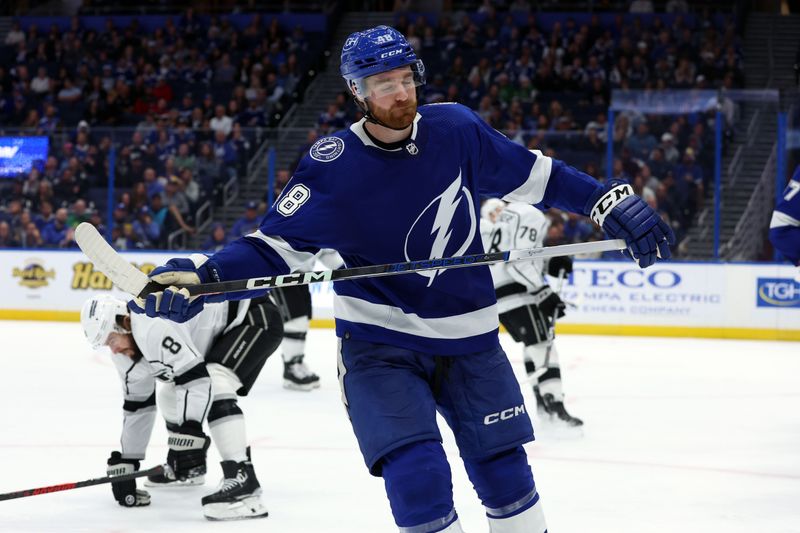 Jan 9, 2024; Tampa, Florida, USA; Tampa Bay Lightning defenseman Nick Perbix (48) reacts after he misses a shot against the Los Angeles Kings during the third period at Amalie Arena. Mandatory Credit: Kim Klement Neitzel-USA TODAY Sports