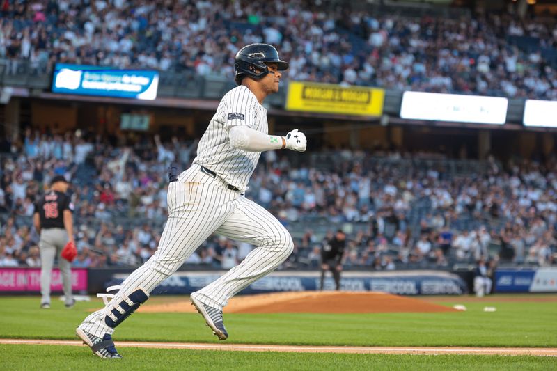 Aug 20, 2024; Bronx, New York, USA; New York Yankees right fielder Juan Soto (22) runs the bases after hitting a solo home run during the first inning against the Cleveland Guardians at Yankee Stadium. Mandatory Credit: Vincent Carchietta-USA TODAY Sports