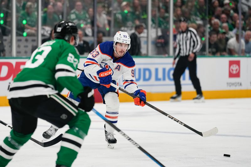 May 31, 2024; Dallas, Texas, USA; Edmonton Oilers center Ryan Nugent-Hopkins (93) in action against the Dallas Stars during the first period between the Dallas Stars and the Edmonton Oilers in game five of the Western Conference Final of the 2024 Stanley Cup Playoffs at American Airlines Center. Mandatory Credit: Chris Jones-USA TODAY Sports
