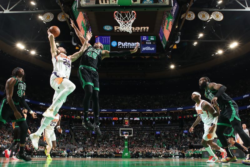 BOSTON, MA - FEBRUARY 3: Dario Saric #20 of the Phoenix Suns drives to the basket during the game against the Boston Celtics on February 3, 2023 at TD Garden in Boston, Massachusetts.  NOTE TO USER: User expressly acknowledges and agrees that, by downloading and or using this photograph, User is consenting to the terms and conditions of the Getty Images License Agreement. Mandatory Copyright Notice: Copyright 2022 NBAE  (Photo by Nathaniel S. Butler/NBAE via Getty Images)