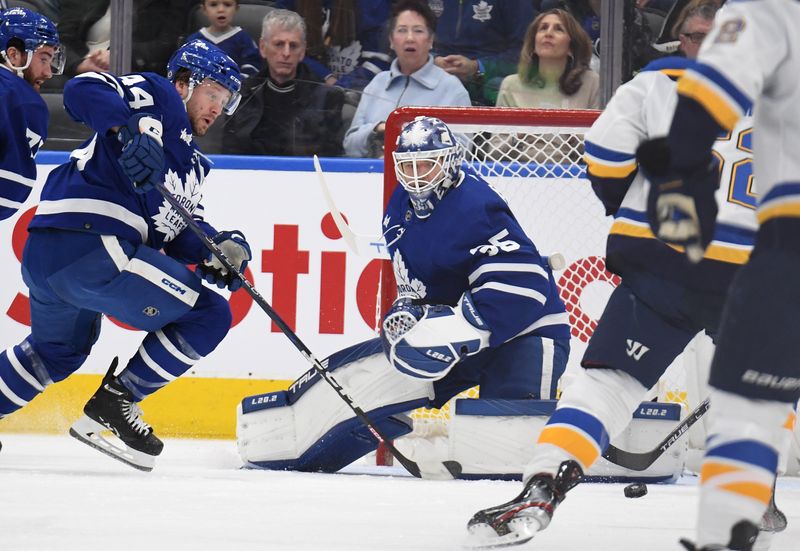 Jan 3, 2023; Toronto, Ontario, CAN; Toronto Maple Leafs goalie Ilya Samsonov (35) makes a save against the St. Louis Blues in the first period at Scotiabank Arena. Mandatory Credit: Dan Hamilton-USA TODAY Sports