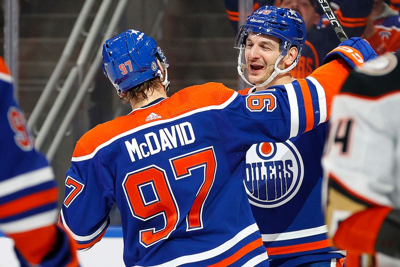 Nov 26, 2023; Edmonton, Alberta, CAN; The Edmonton Oilers celebrate a goal scored by forward Zach Hyman (18) during the first period against the Anaheim Ducks at Rogers Place. Mandatory Credit: Perry Nelson-USA TODAY Sports