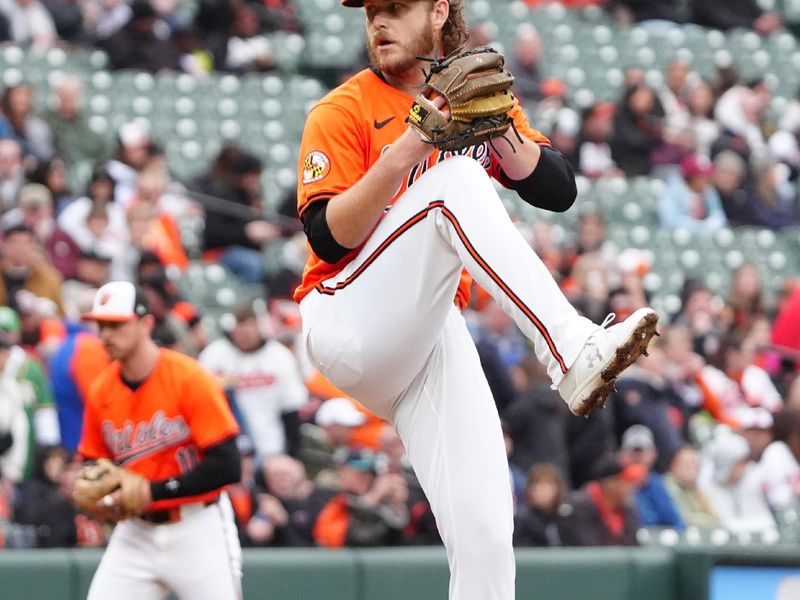 Apr 27, 2024; Baltimore, Maryland, USA; Baltimore Orioles pitcher Cole Irvin (19) delivers a pitch against the Oakland Athletics during the first inning at Oriole Park at Camden Yards. Mandatory Credit: Gregory Fisher-USA TODAY Sports