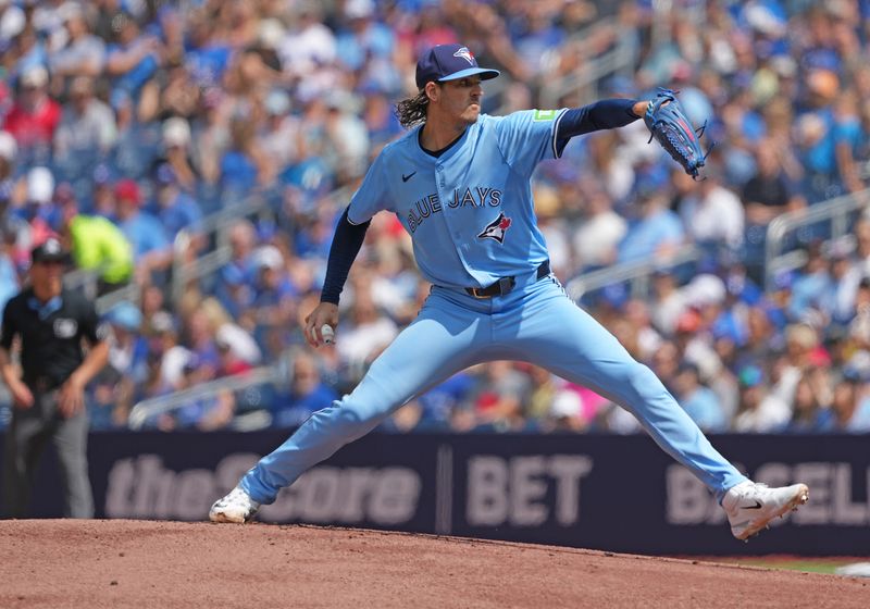 Aug 25, 2024; Toronto, Ontario, CAN; Toronto Blue Jays starting pitcher Kevin Gausman (34) throws a pitch against the Los Angeles Angels during the first inning at Rogers Centre. Mandatory Credit: Nick Turchiaro-USA TODAY Sports