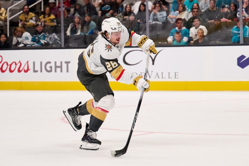 Sep 21, 2025; San Jose, California, USA; San Jose Sharks defenseman Jack Thompson (26) shoots the puck against San Jose Sharks goaltender Alex Nedeljkovic (33) (not pictured) during the third period at SAP Center at San Jose. Mandatory Credit: Robert Edwards-Imagn Images